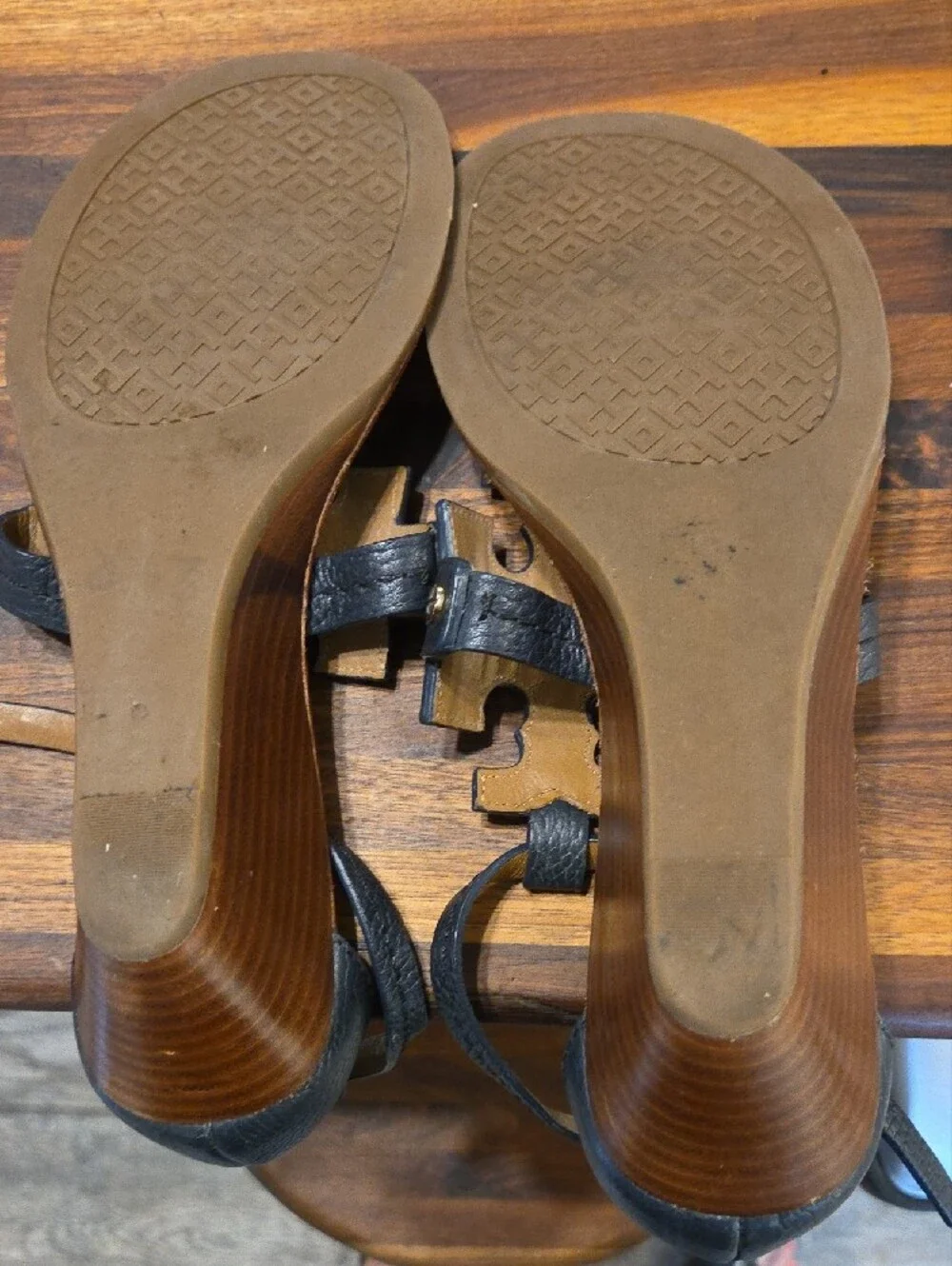 Tory Burch Black Leather Logo T-Strap Sandals with Tan Footbed